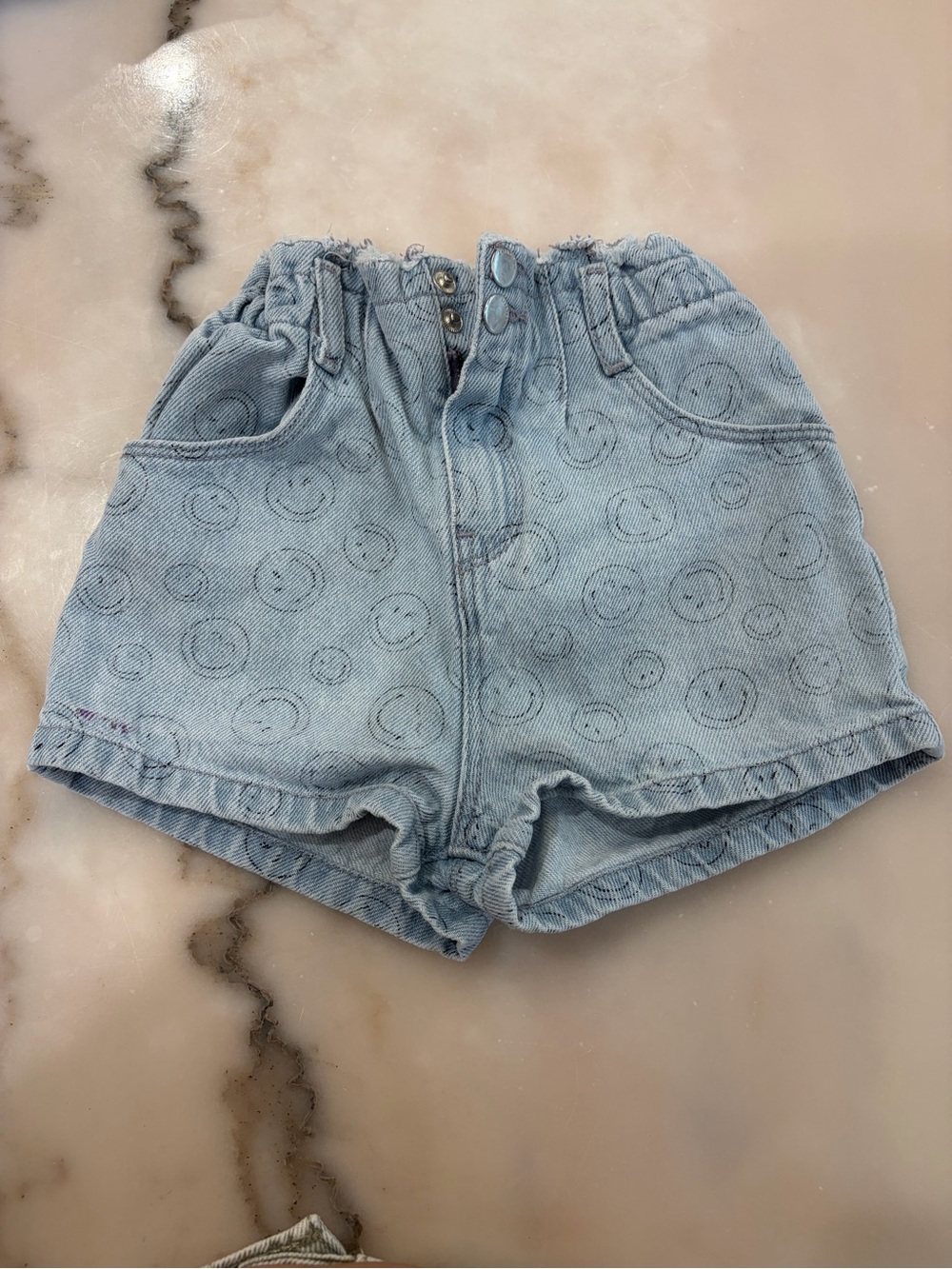 Zara Light Blue Denim Shorts with Smiley Print